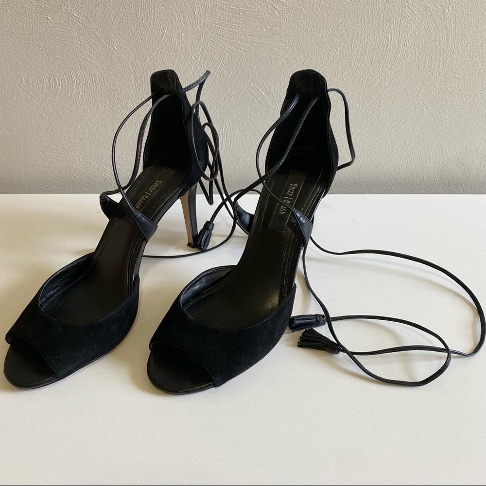 Black suede, tie at the ankle heel
